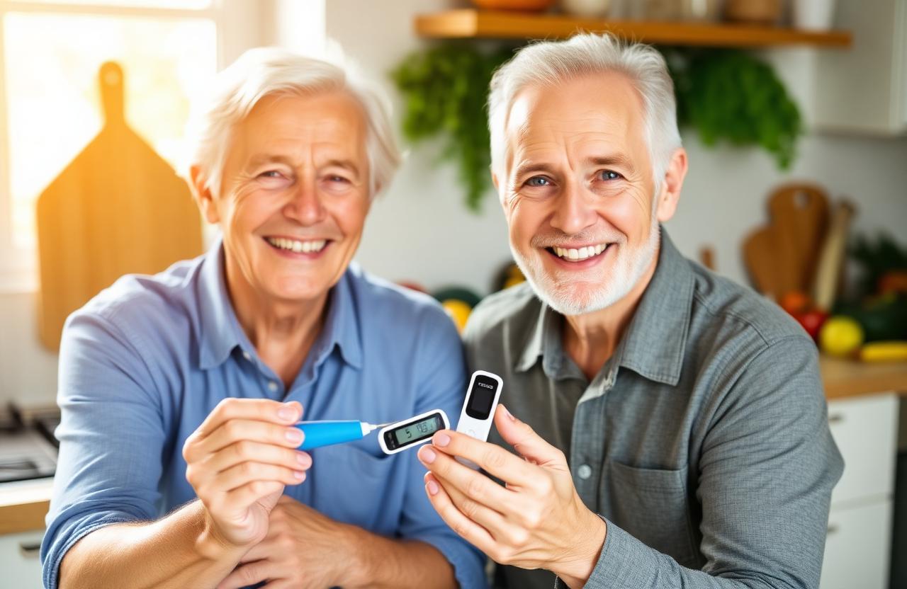 Happy couple checking healthy blood sugar reading